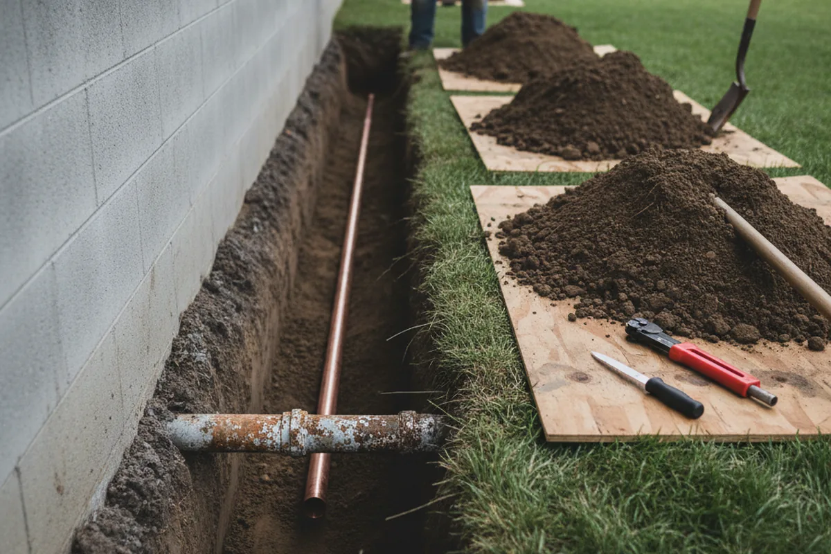 Excavated water line trench during Water Softener Installation in Rixeyville